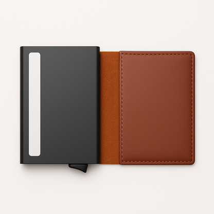 Black and brown leather wallet on a white background