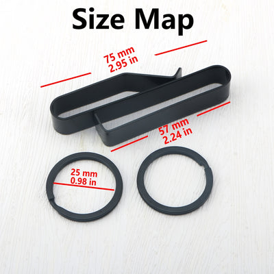 Black size measurement tool with measurements marked on a white background