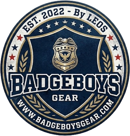 Circular logo for Badgeboys Gear with a shield design, stars, and text on a blue background.