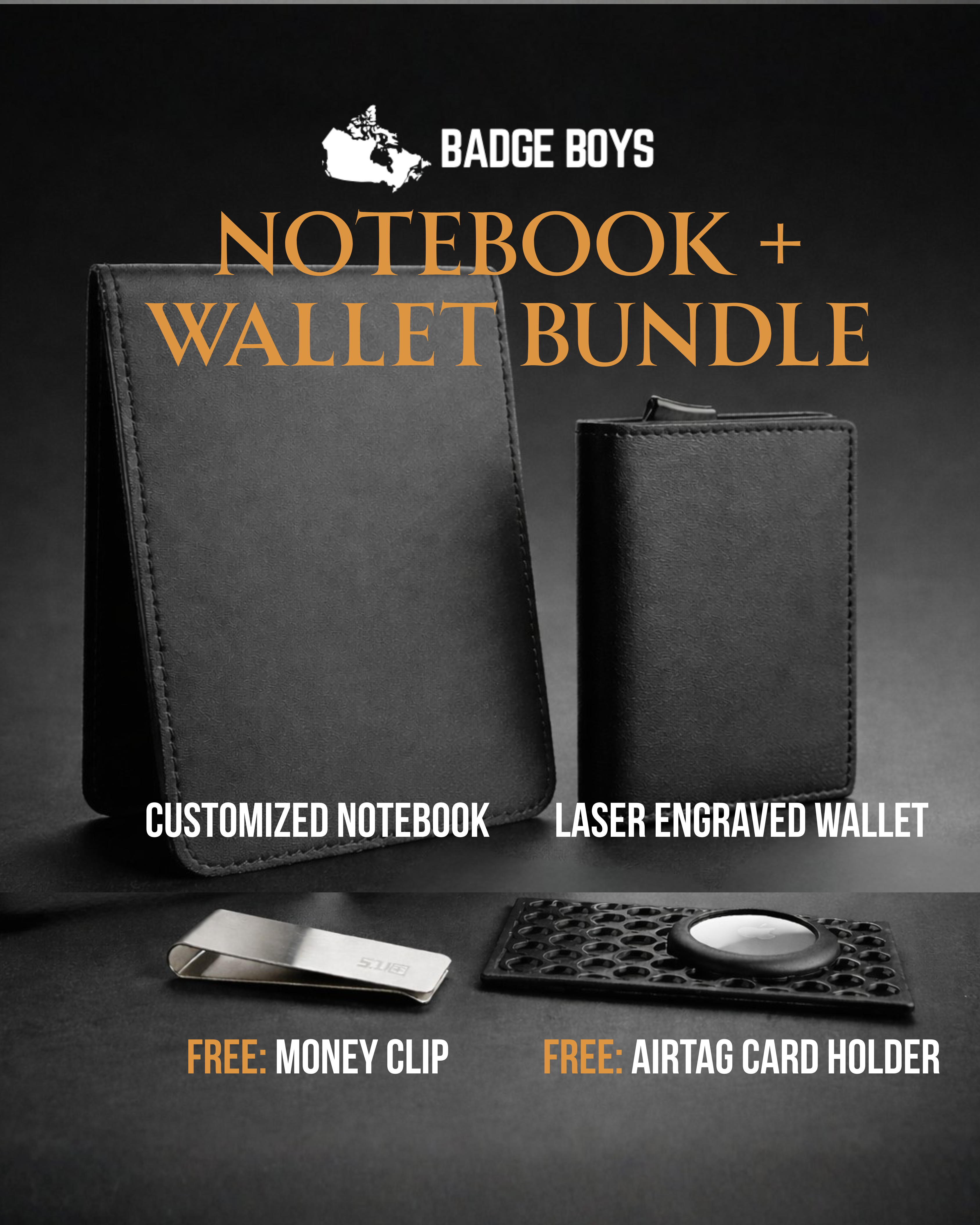 Custom Badge Wallet + Custom Notebook Bundle — Includes Free Money-Clip & AirTag Holder