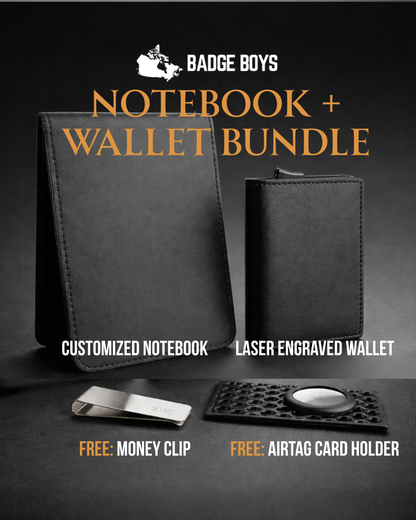 Custom Badge Wallet + Custom Notebook Bundle — Includes Free Money-Clip & AirTag Holder