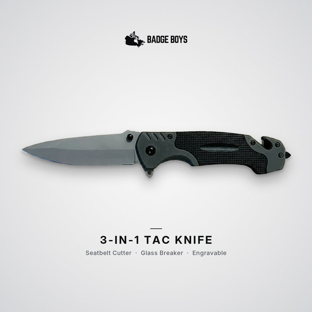3-in-1 Tac Knife by Badge Boys: engravable folding knife with seatbelt cutter and glass breaker