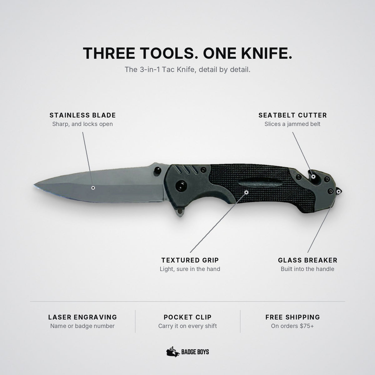 3-in-1 Tac Knife features: stainless blade, seatbelt cutter, textured grip and glass breaker