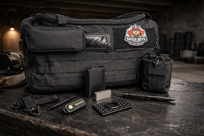 Black tactical bag with various accessories on a dark surface, featuring a 'Badcoys' logo.