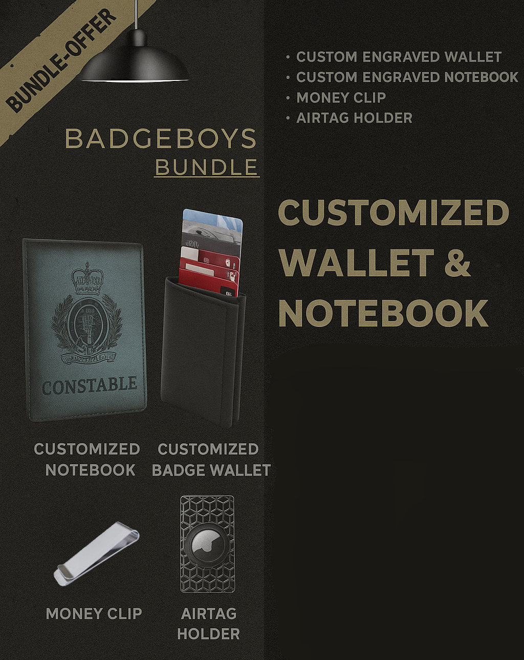 Promotional image of a Badgeboys bundle with wallet, notebook, money clip, and airtag holder on a black background.