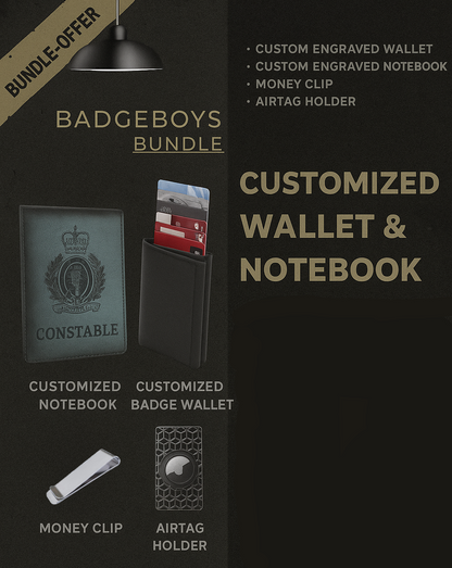 Promotional image of a Badgeboys bundle with wallet, notebook, money clip, and airtag holder on a black background.