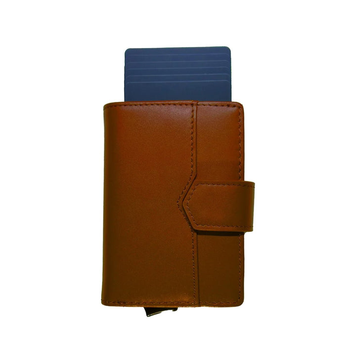 Brown leather Bifold badge wallet, closed, with a card pushed up