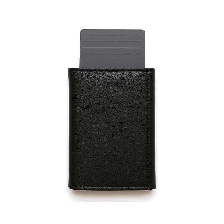 Black BadgeBoys Trifold badge wallet, closed, with a card pushed up from the pop-up holder