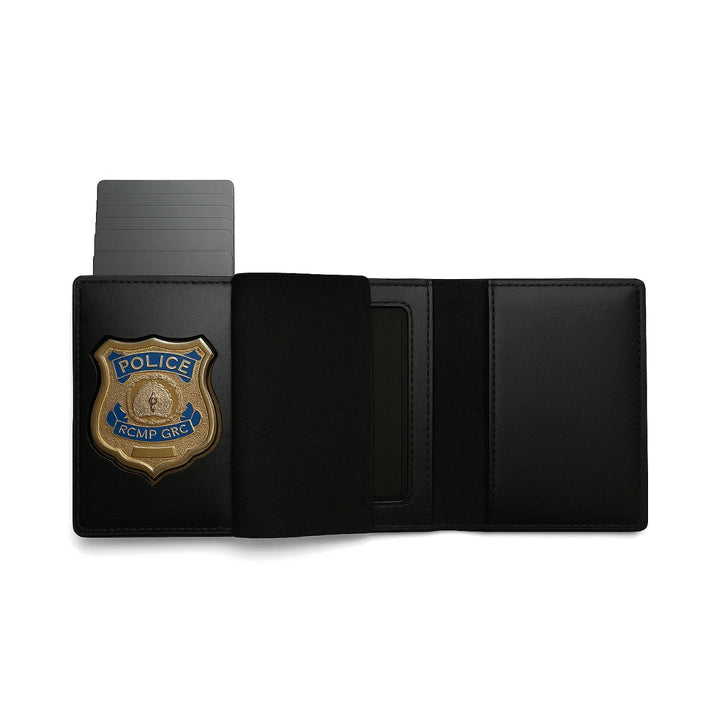 BadgeBoys Trifold badge wallet in black leather, open with a police badge in the cut-out and cards popped up